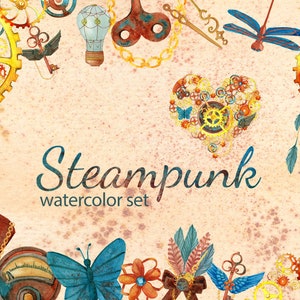 Steampunk watercolor clipart set, Steam punk illustration, victorian cliapart, steampunk scrapbooking