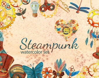 スチームパンク水彩画クリップアートセット、スチームパンクイラスト、ビクトリア朝のクリップアート、スチームパンクスクラップブッキング