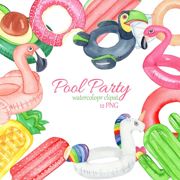 Pool Float watercolor clipart. Pool Party birthday clipart