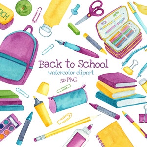 Back to School Clipart. Watercolor school supplies