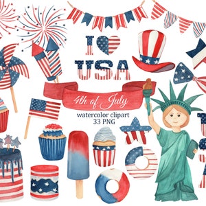 4th of July watercolor clipart, Independence day PNG, USA Patriotic clipart, American flag, fireworks, donuts, cupcakes, pinwheel