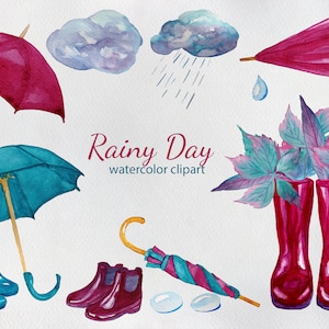 Rainy Day Watercolor Clipart, Rainboots Clipart, Umbrella Clipart, scrapbooking, instant download, planner stickers