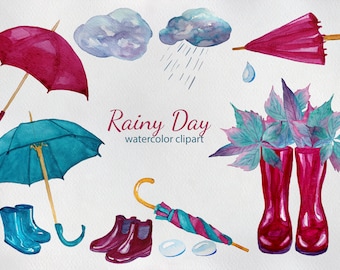 Rainy Day Watercolor Clipart, Rainboots Clipart, Umbrella Clipart, scrapbooking, instant download, planner stickers