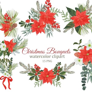 Buquês de aquarela de inverno de Natal, folhagens e flores clipart de casamento, poinsétia PNG
