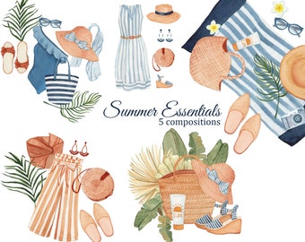 Watercolor Summer Essentials Fashion Clipart, Vacation Outfits collection for blog, magazine, planner stickers
