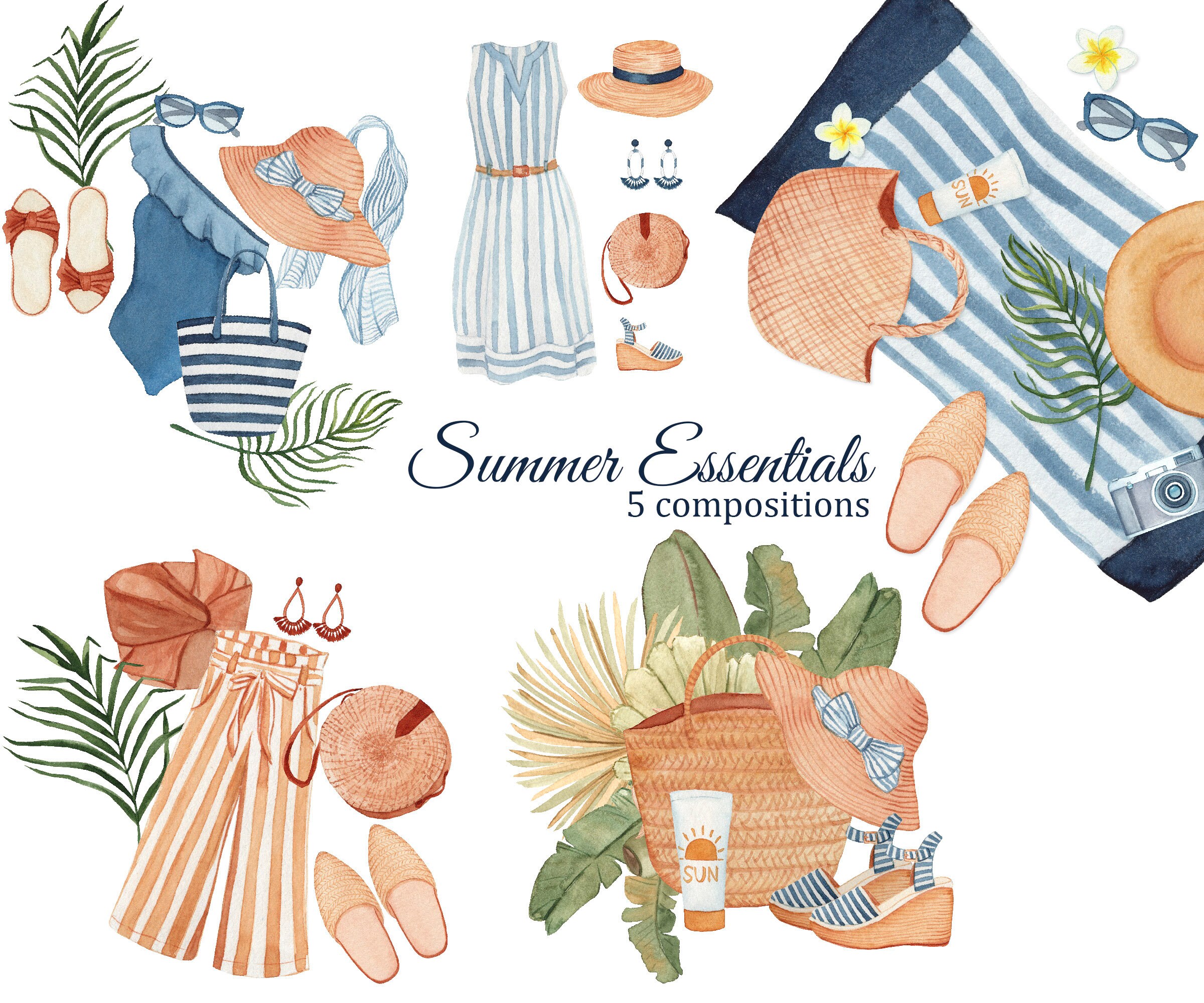 SUMMER Fashion Watercolor, Summer outfits collection for blog,  magazine,essentials, boho outfits, clothes, shoes dresses Clipart digital  PNG