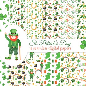 St. Patrick&#39;s Day digital papers set, seamless pattern with leprechaun, pot of gold, Irish flags, scrapbook paper, decoupage paper