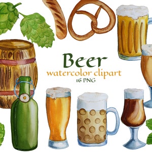 Imágenes prediseñadas de la cerveza de acuarela. Tazas de cerveza PNG. Cartel del Oktoberfest.