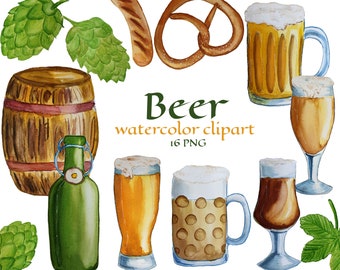 Imágenes prediseñadas de la cerveza de acuarela. Tazas de cerveza PNG. Cartel del Oktoberfest.