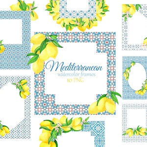 Cadre de tuiles méditerranéennes d’aquarelle avec des citrons. Clipart d’invitation de mariage