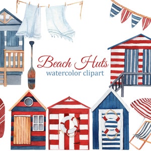 Watercolor beach huts, summer clipart, boho beach tiny house, travel clipart PNG