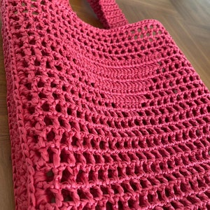 Crochet red raffia tote shoulder strap mesh summer bag, raffia tote
