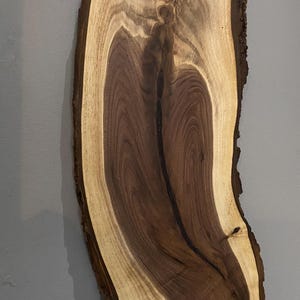 Może przedstawiać: Duży, naturalny plaster drewna z unikalnym wzorem słojów. Drewno ma bogaty brązowy kolor z jaśniejszymi brązowymi i kremowymi pierścieniami. Krawędzie plastra są szorstkie i naturalne.