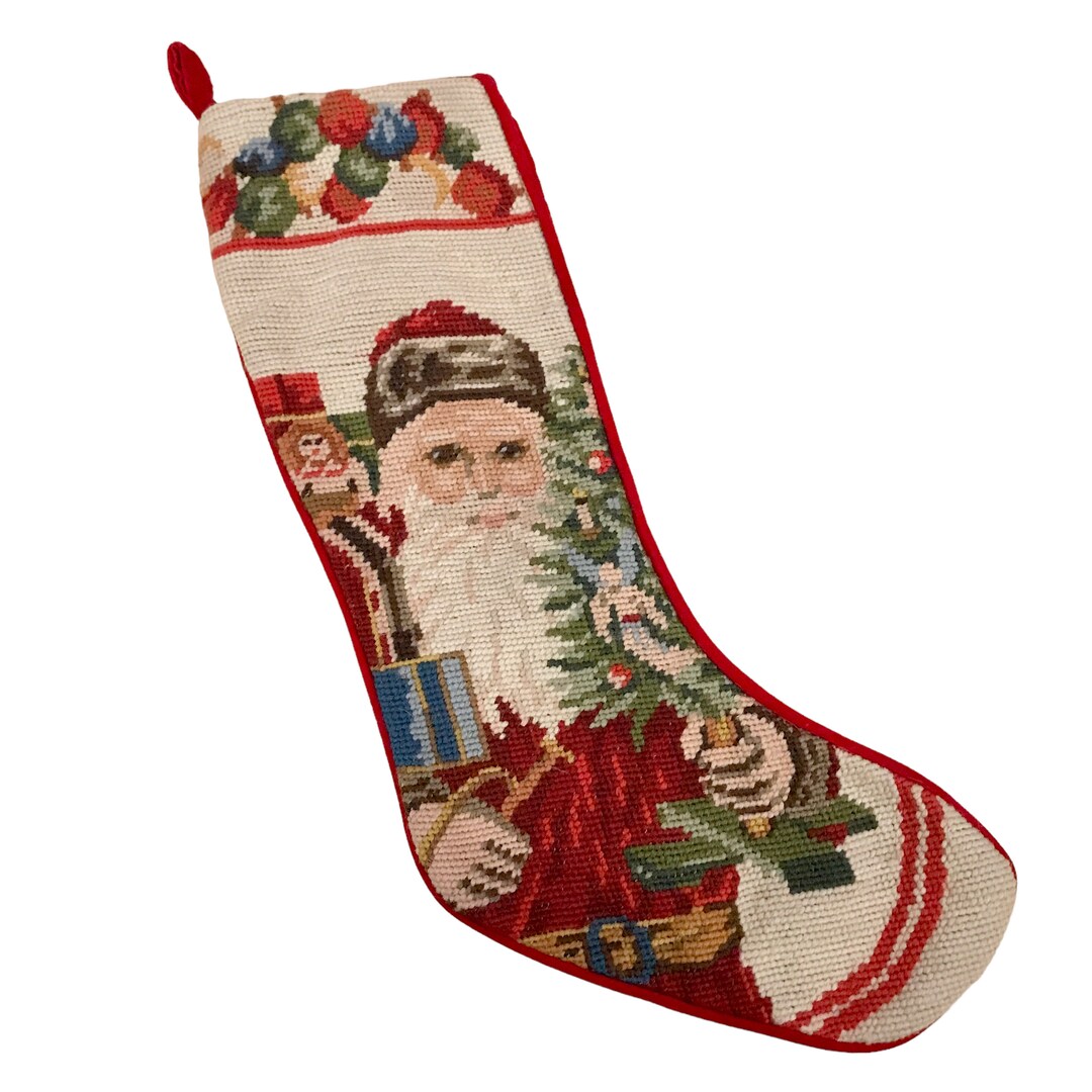 Vintage Handmade Christmas Stocking Wool Needlepoint Santa Claus Velvet