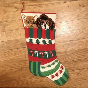 Handmade Needlepoint Cat Kitten Puppy Dog Christmas Stocking 16&quot; Vintage