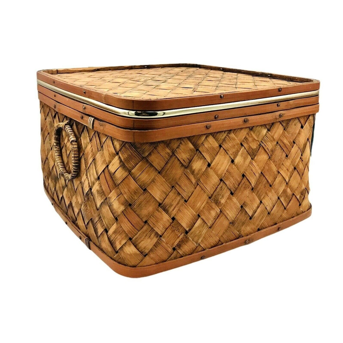 Vintage Woven Rattan Storage Box with Lid Handles and Gold Etsy