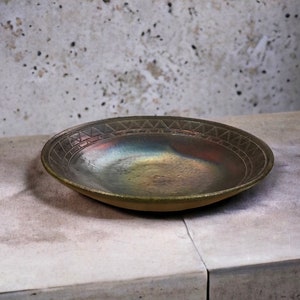 Gay Liebert Studio Art Pottery Raku Bowl 11.25&quot; Copper Iridescent Signed
