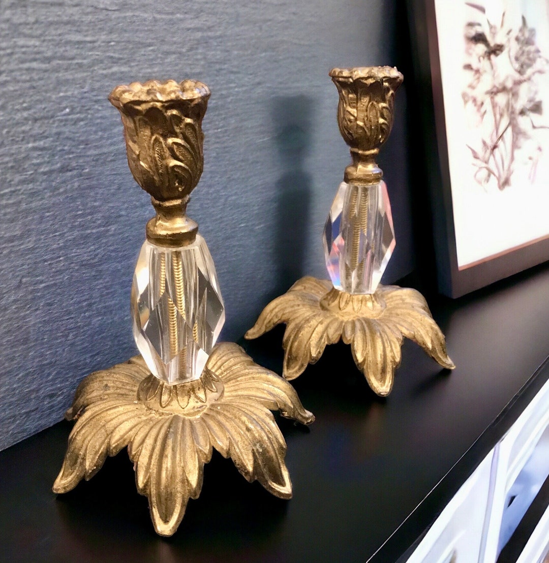 Pair Vintage Hollywood Regency Candle Holders 6 Brass Metal Glass Prism ...