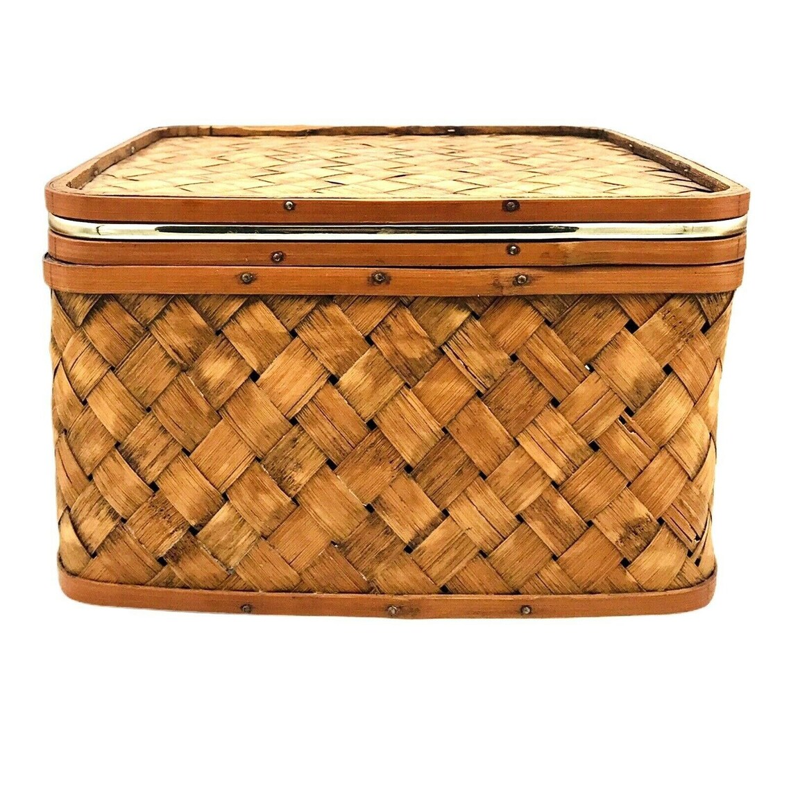 Vintage Woven Rattan Storage Box with Lid Handles and Gold Etsy