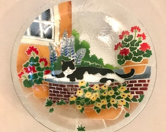 Peggy Karr Fused Art Glass Bowl 13" Tuxedo Cat Garden Wall Flowers Signed