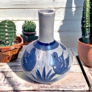 Tonala Mexican Pottery Vase Blue Birds Butterflies Floral 8.5&quot; Signed VG Vintage
