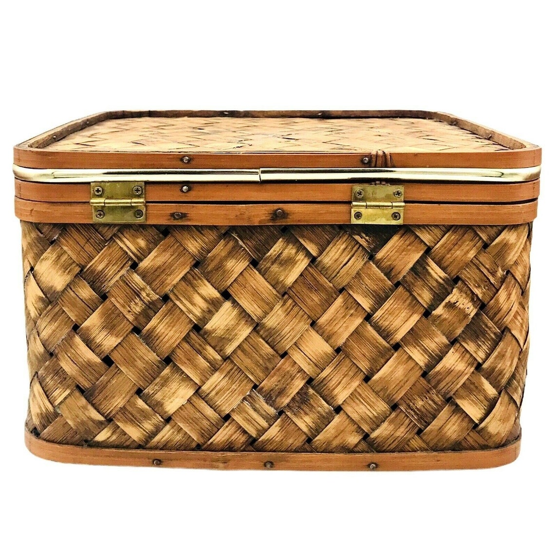 Vintage Woven Rattan Storage Box with Lid Handles and Gold Etsy