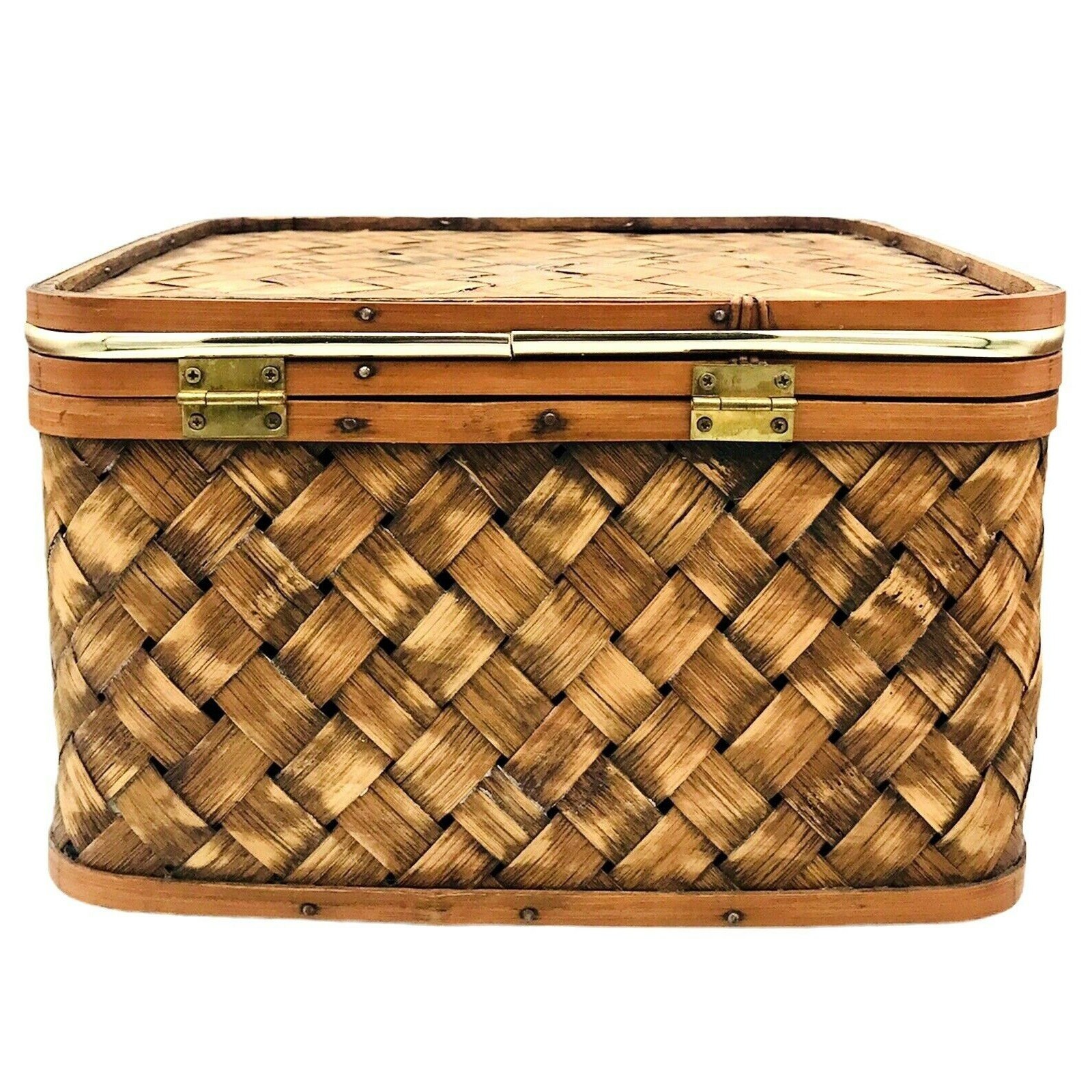 Vintage Woven Rattan Storage Box with Lid Handles and Gold Etsy