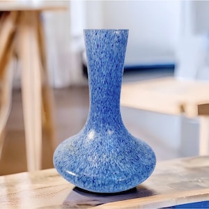 MCM Blue White Splatter Texture Tapered Art Glass Vase 9.5” Vintage