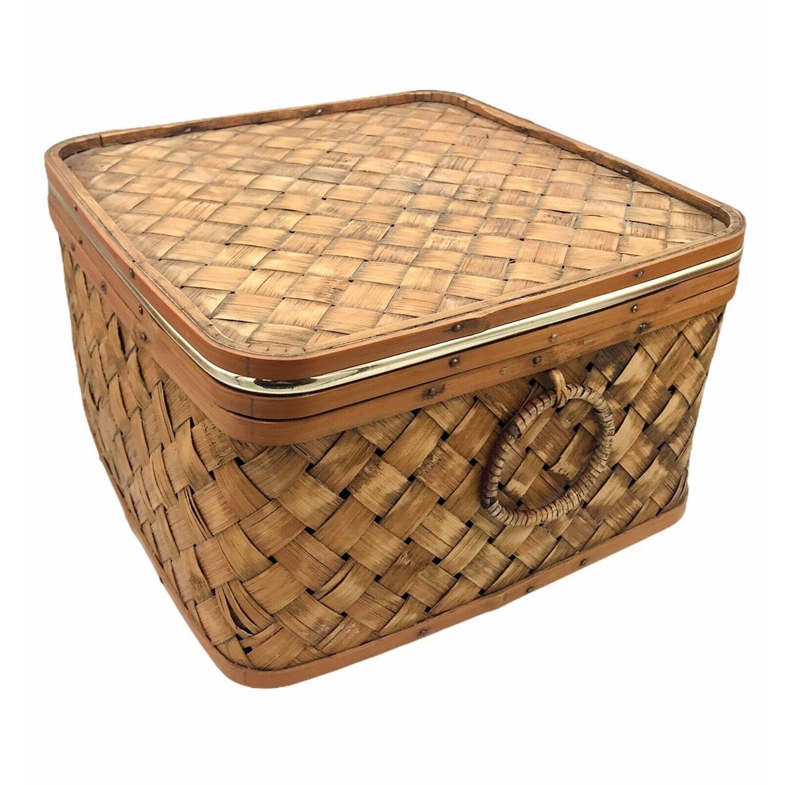 Vintage Woven Rattan Storage Box with Lid Handles and Gold Etsy
