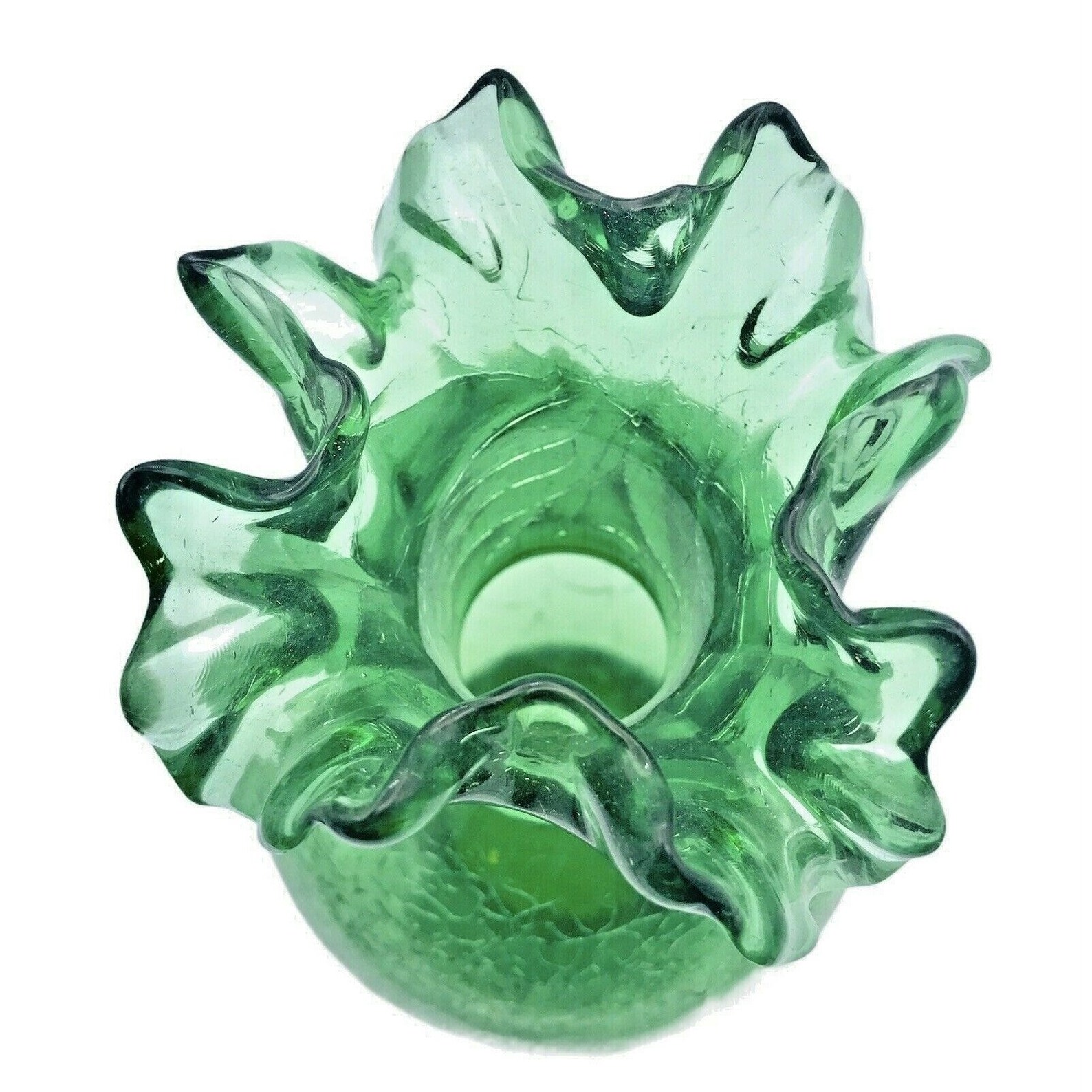 Green Vintage Crackle Glass Vase With Ruffled Crimped Rim Etsy