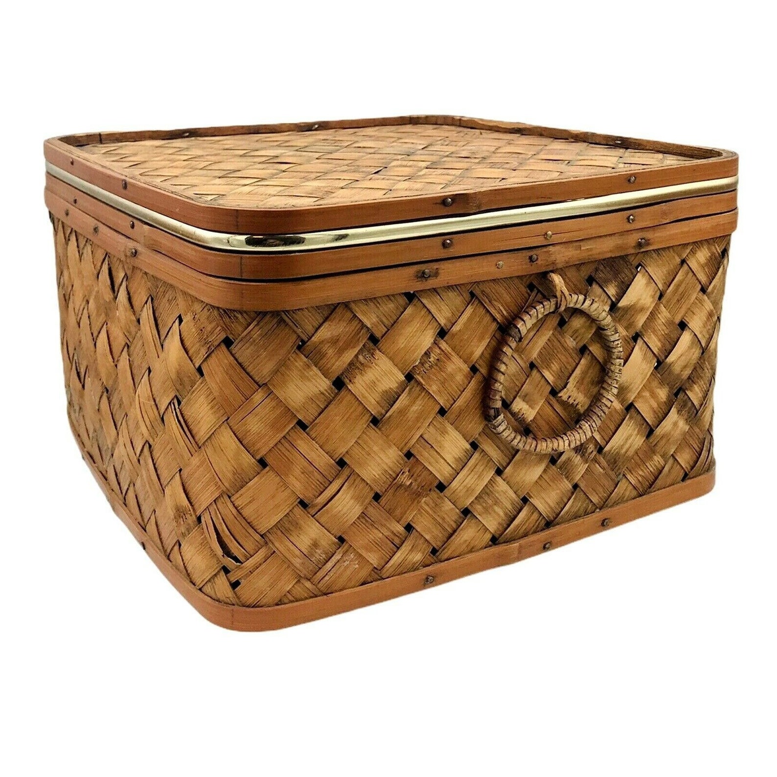 Vintage Woven Rattan Storage Box with Lid Handles and Gold Etsy