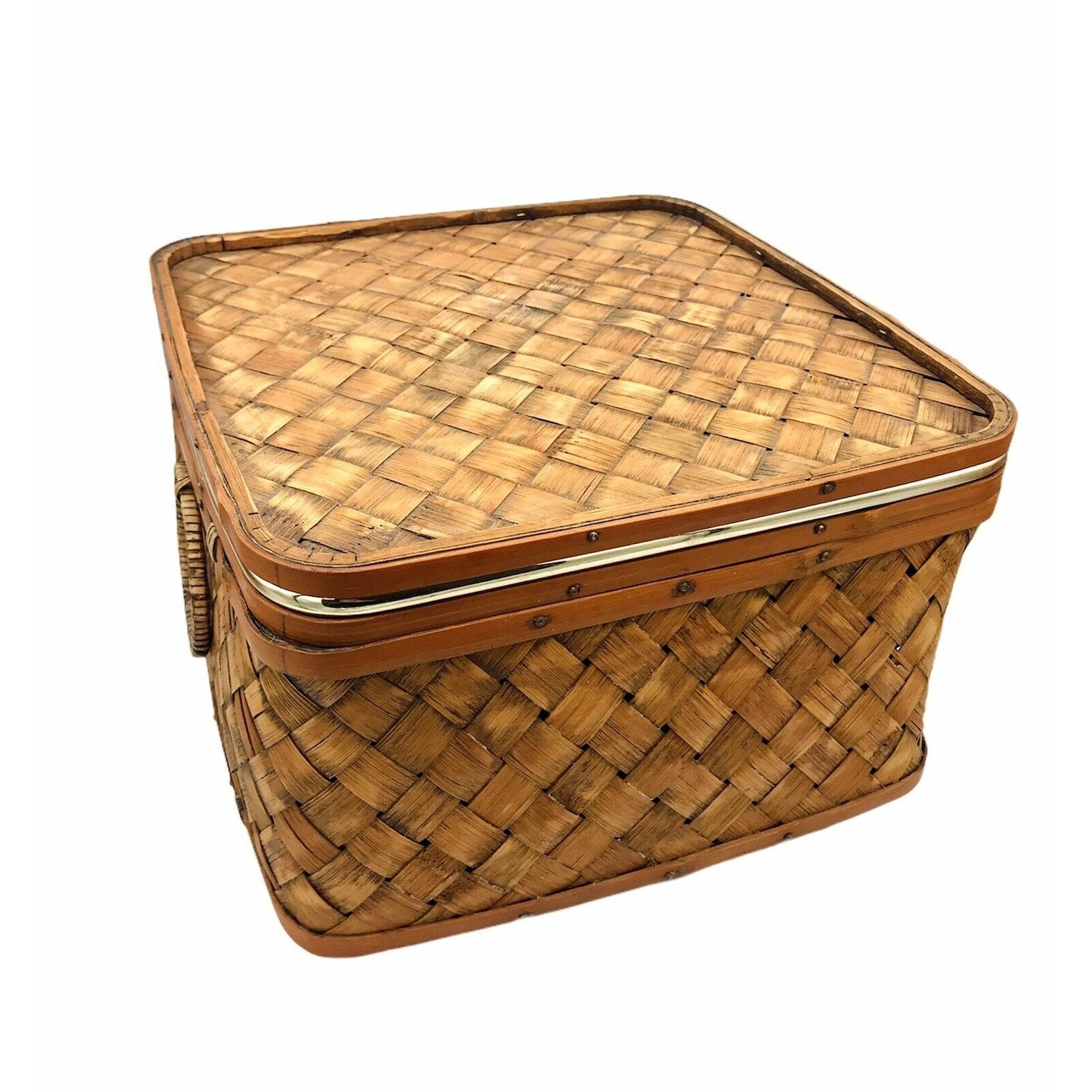Vintage Woven Rattan Storage Box with Lid Handles and Gold Etsy