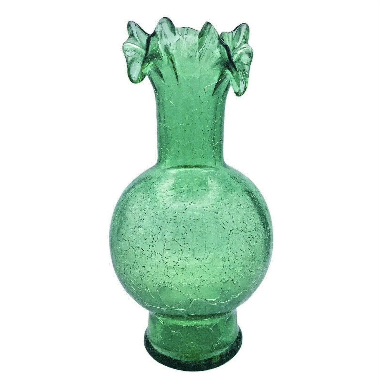 Green Vintage Crackle Glass Vase With Ruffled Crimped Rim Etsy