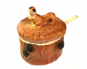 Artmark Ceramic Squirrel on Log Covered Jam Jar Spoon Midcentury Vintage Japan