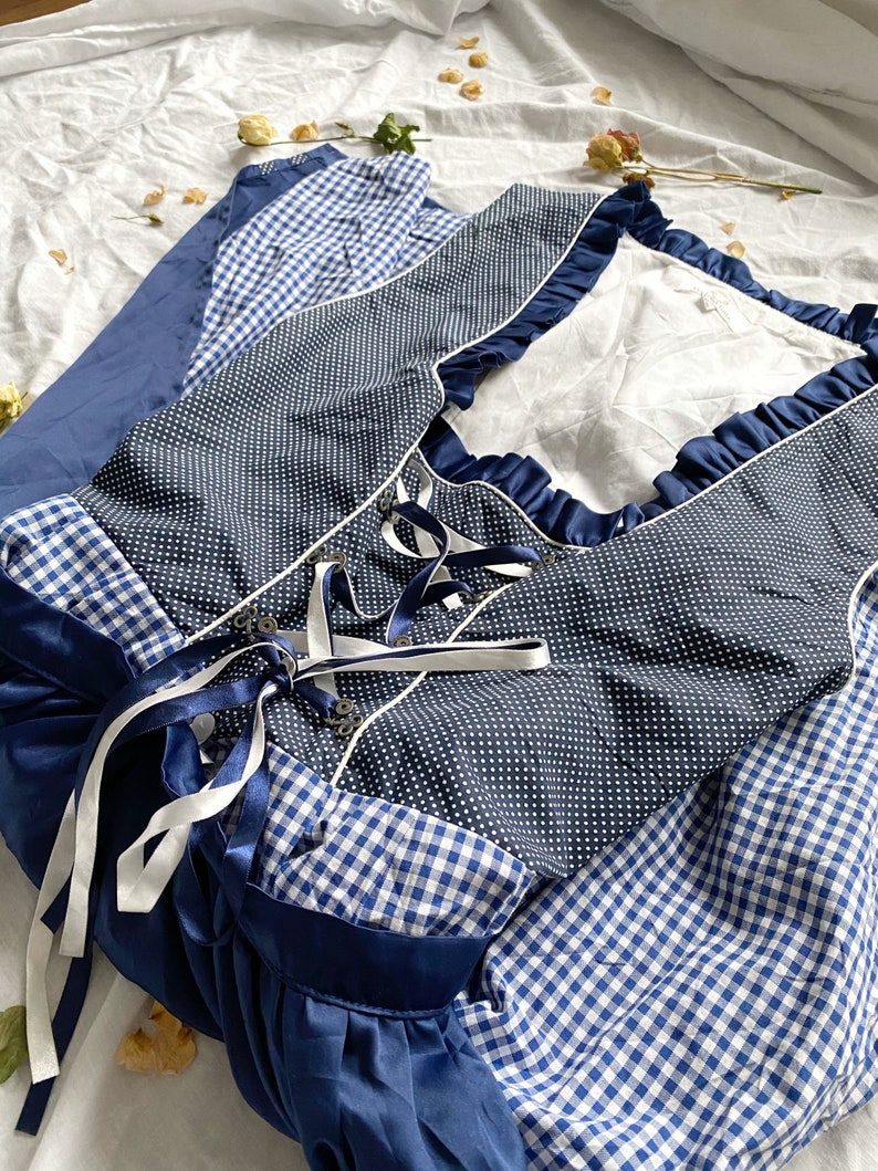 Beautiful Vintage Blue and White Gingham Prairie Dress Cottagecore Aesthetics Lace-up Checkered Sleeveless Milkmaid Dress