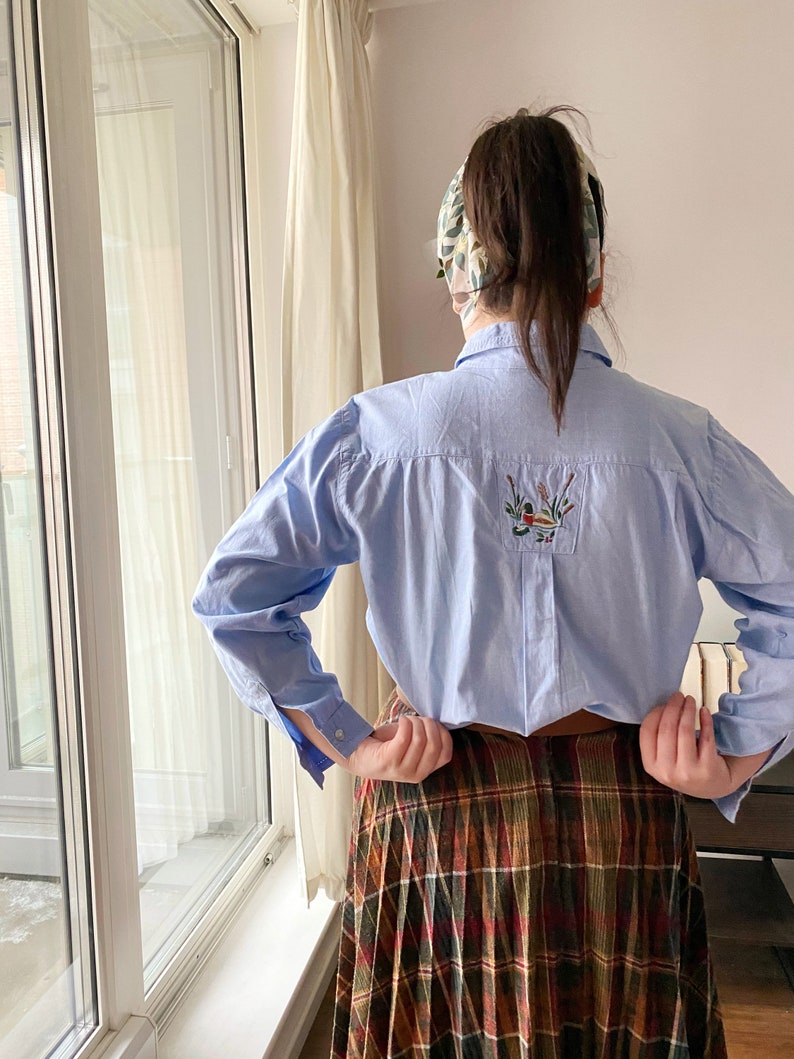 Cute Pastel Blue Embroidered Shirt Adorable Light Blue Embroidered Duckies in a Pond Vintage Button up Shirt Cottagecore Aesthetics