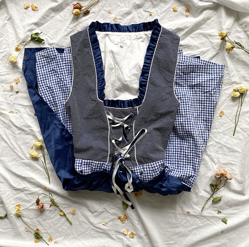 Beautiful Vintage Blue and White Gingham Prairie Dress Cottagecore Aesthetics Lace-up Checkered Sleeveless Milkmaid Dress