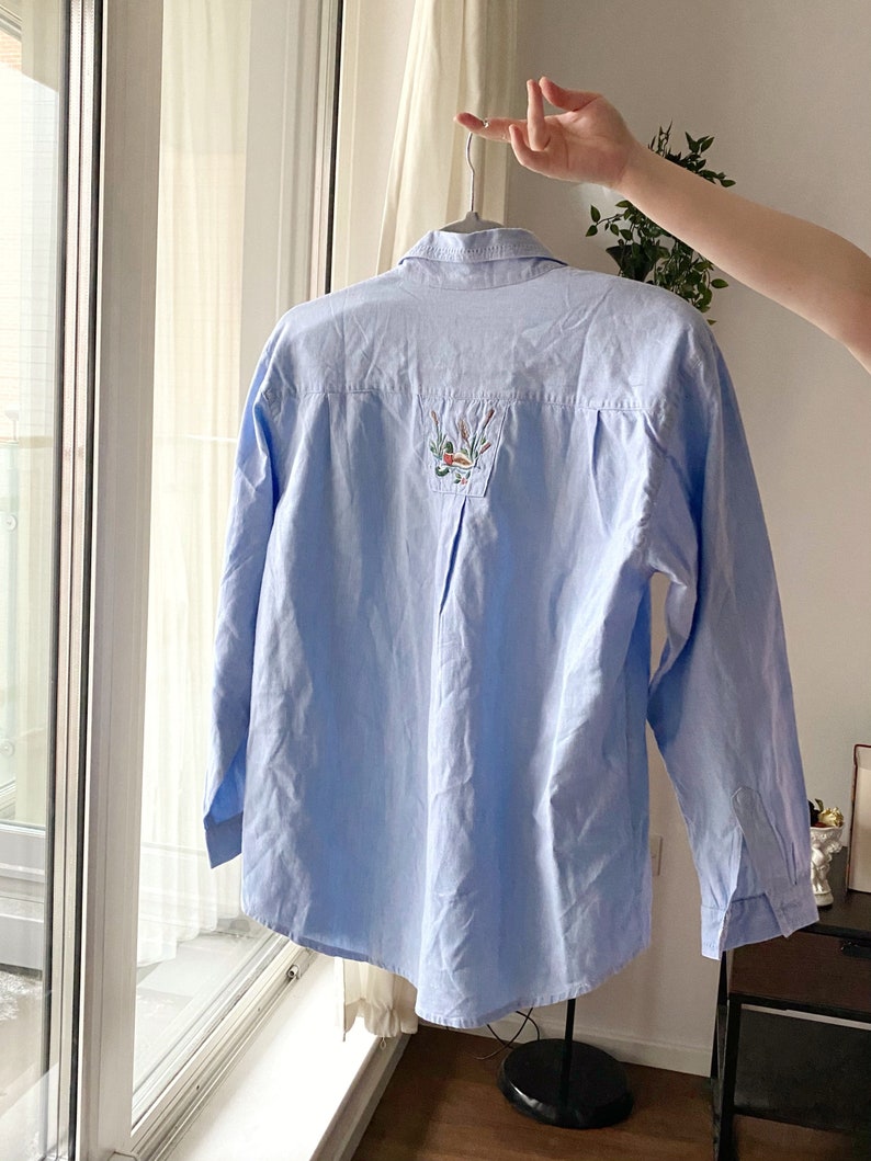 Cute Pastel Blue Embroidered Shirt Adorable Light Blue Embroidered Duckies in a Pond Vintage Button up Shirt Cottagecore Aesthetics