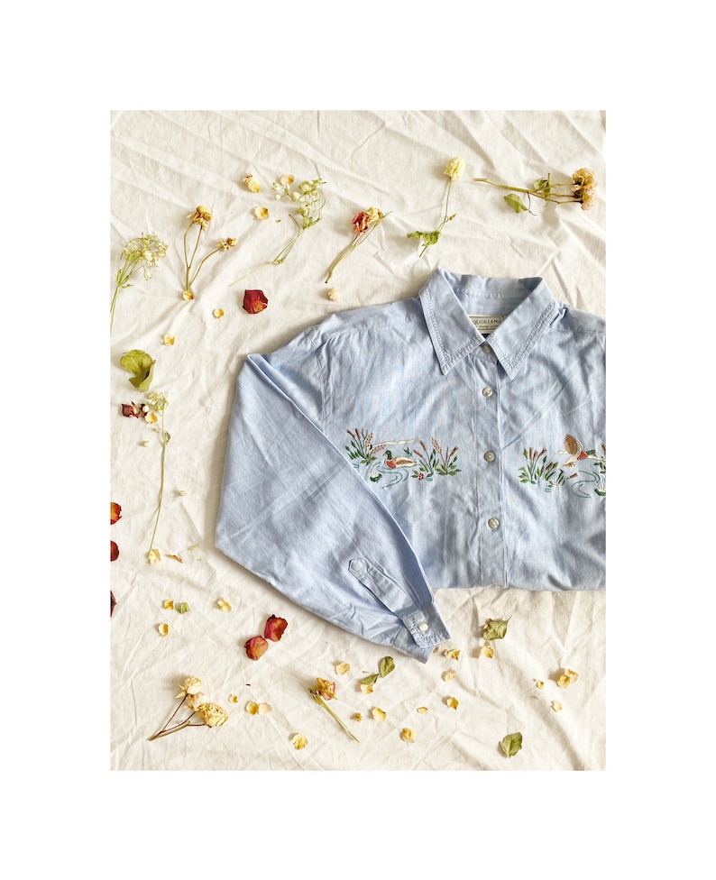 Cute Pastel Blue Embroidered Shirt Adorable Light Blue Embroidered Duckies in a Pond Vintage Button up Shirt Cottagecore Aesthetics