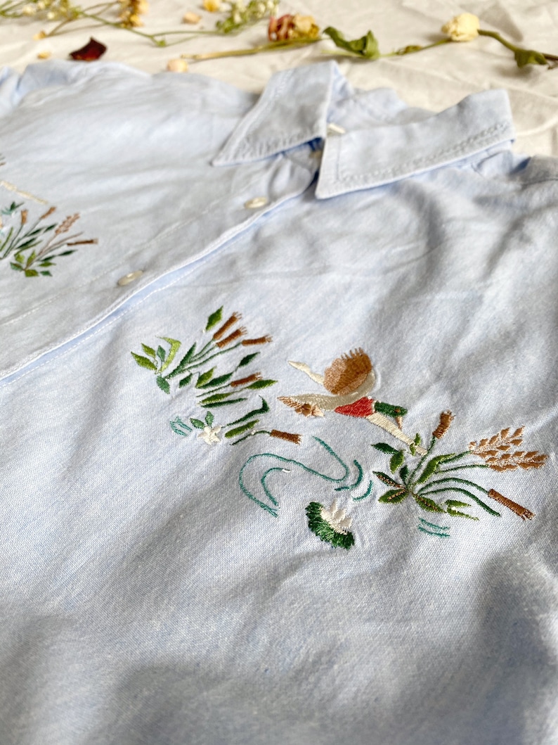 Cute Pastel Blue Embroidered Shirt Adorable Light Blue Embroidered Duckies in a Pond Vintage Button up Shirt Cottagecore Aesthetics