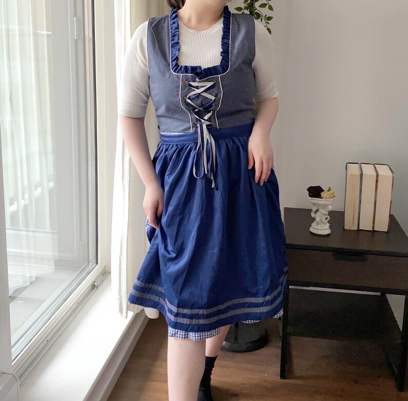 Beautiful Vintage Blue and White Gingham Prairie Dress Cottagecore Aesthetics Lace-up Checkered Sleeveless Milkmaid Dress