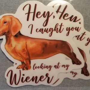 Wiener dog sticker, vinyl sticker, weenie dog, I caught you looking at my wiener, dog stickers