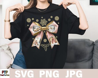 Lazo de coqueta de Navidad de Jesús PNG / Navidad cristiana PNG / Escena de la natividad PNG / Niño Jesús / Versículo bíblico / Diseño navideño con purpurina rosa