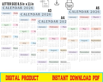 Calendario 2026 Calendario anual 2026 Imprimible Tamaño carta A3 A4 A5 PDF