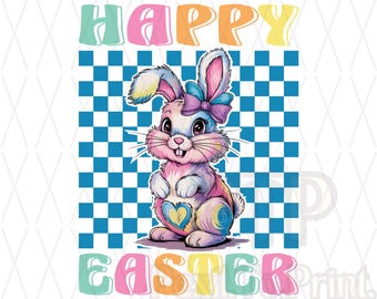 Conejito de Pascua con pinceladas PNG y JPG / Conejito con lazo coqueto / PNG de Pascua retro / Clipart de Pascua preppy / Descarga digital