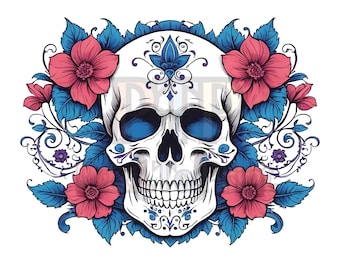 Clipart de sublimación de calavera floral / JPEG de 300 DPI / PNG transparente / Descarga digital / Clipart floral gótico / Diseño de calavera boho
