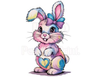 Conejito de Pascua con pinceladas PNG y JPG / Clipart de Pascua con lazo coqueto / Sublimación de conejito preppy / Descarga digital de Pascua retro