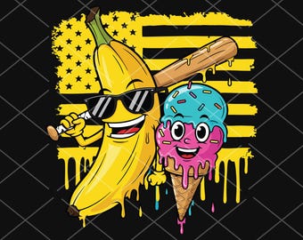Bandera de EE. UU., plátano con gafas de sol y cono de helado, tema de béisbol PNG, divertido clipart de fruta de dibujos animados goteando, diseño de sublimación para niños de verano
