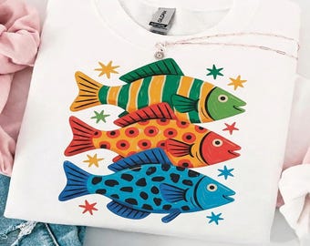 Diseño PNG de sublimación de peces coloridos y estilo preppy: Gráfico veraniego de playa costera (descarga digital)