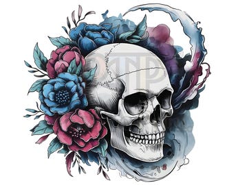 Clipart de sublimación de calavera floral / JPEG de 300 DPI / PNG transparente / Descarga digital / Clipart floral gótico / Diseño de calavera boho